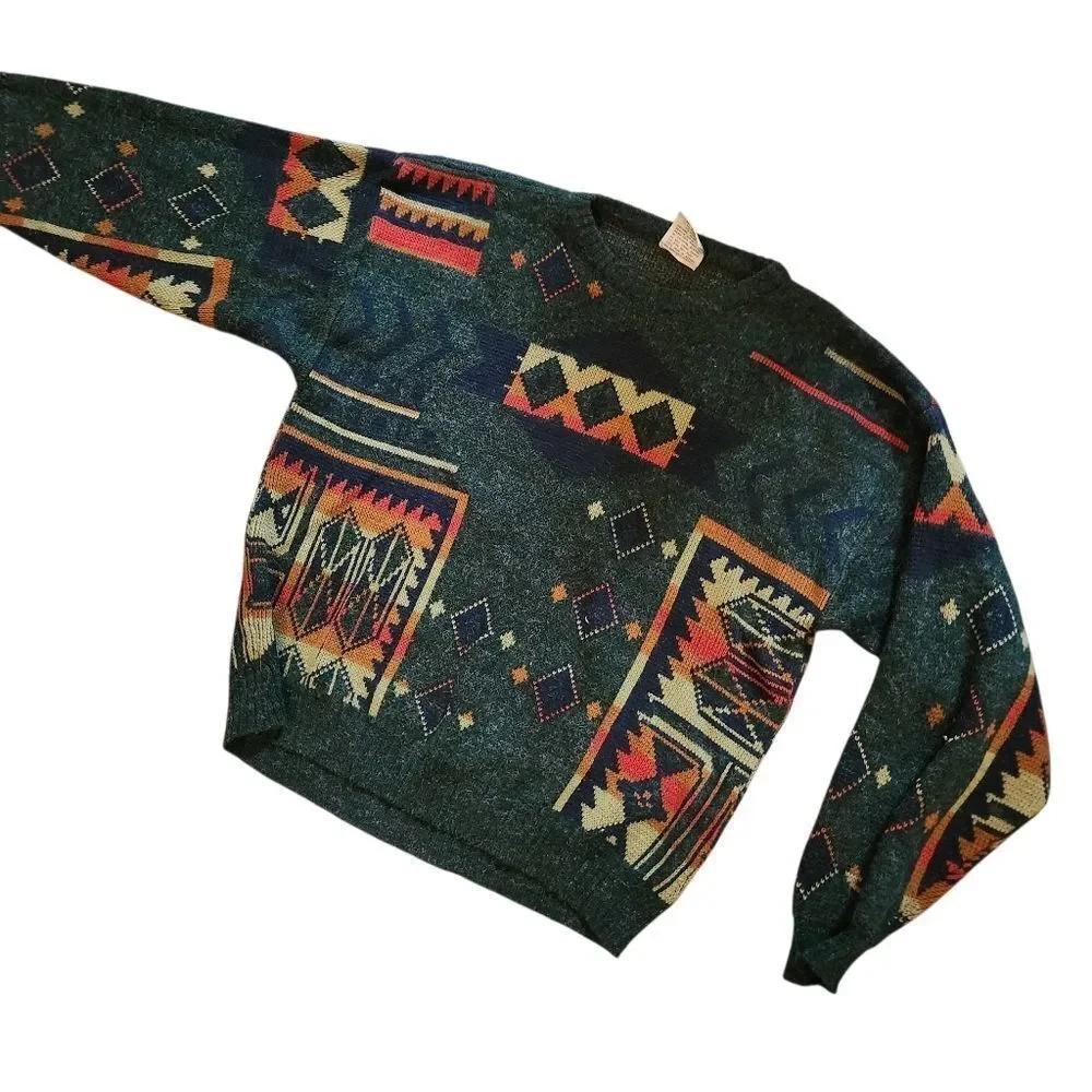 Vintage Peter Jon Sweater Mens XL Green Aztec Southwestern 80s Acrylic Pullover